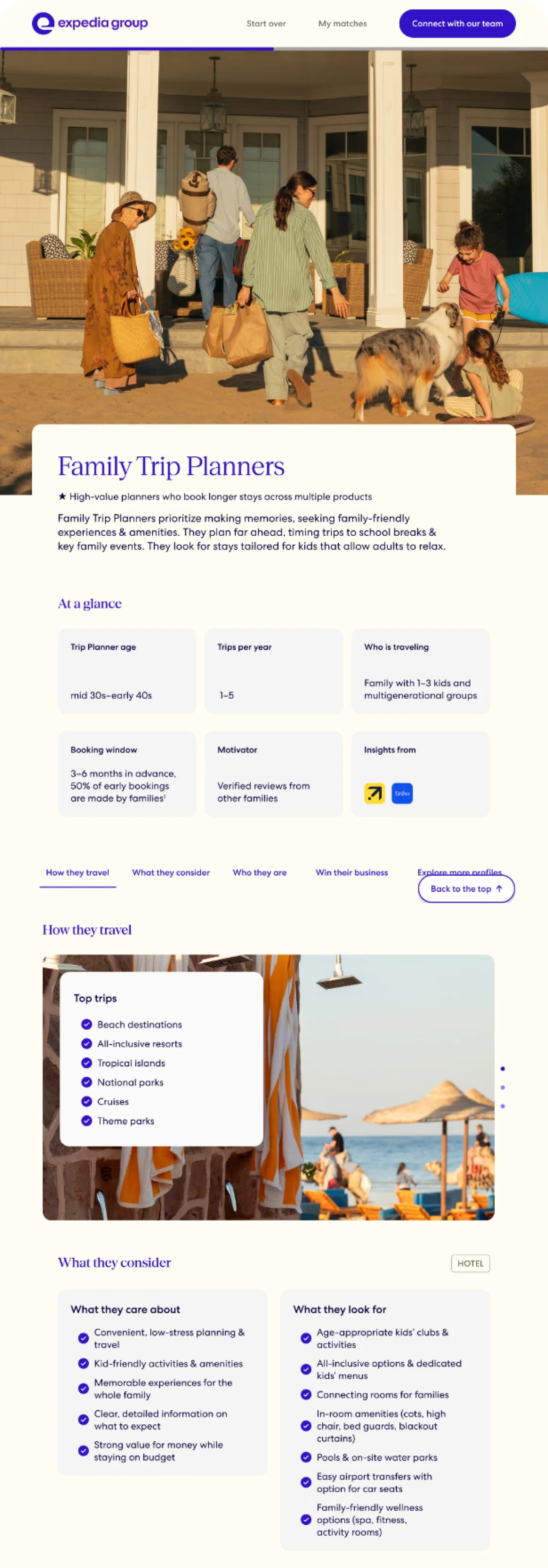 Family Trip Planners profile page: a family walking along a beach, followed by who they are, how they travel and what they consider when booking.