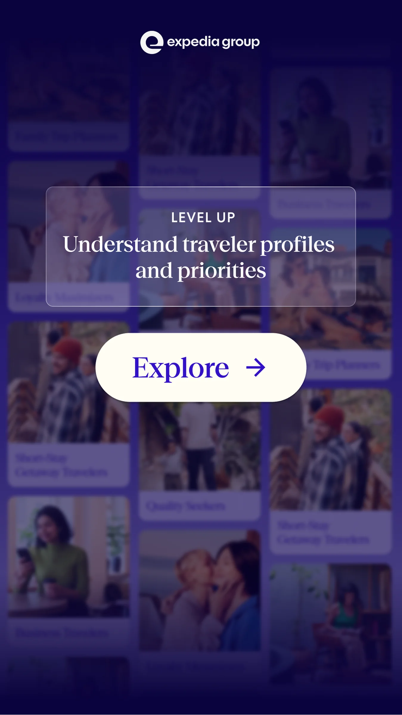 Event wall screensaver: “Level up — understand traveler profiles and priorities,” with an Explore button.