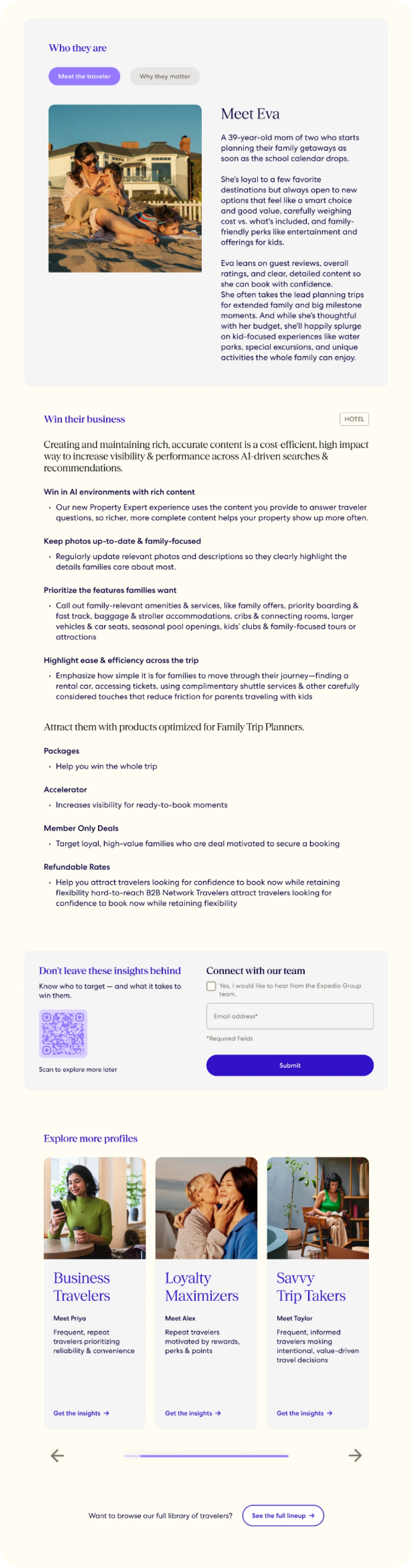 Persona detail page introducing “Meet Eva”, with what wins her business, a contact form, and links to explore more profiles.